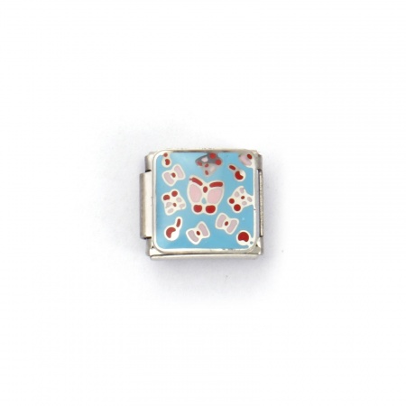 Picture of 2 PCs 304 Stainless Steel Valentine's Day Italian Charm Links For DIY Bracelet Jewelry Making Silver Tone Blue Rectangle Bowknot 10mm x 9mm