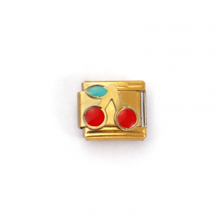 Picture of 2 PCs 304 Stainless Steel Italian Charm Links For DIY Bracelet Jewelry Making 18K Gold Plated Red Rectangle Cherry Fruit 10mm x 9mm