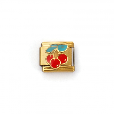 Picture of 2 PCs 304 Stainless Steel Italian Charm Links For DIY Bracelet Jewelry Making 18K Gold Plated Red Rectangle Cherry Fruit 10mm x 9mm