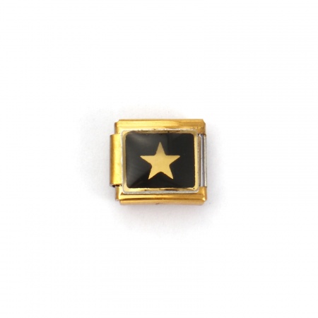 Picture of 2 PCs 304 Stainless Steel Galaxy Italian Charm Links For DIY Bracelet Jewelry Making 18K Gold Plated Black Rectangle Pentagram Star 10mm x 9mm