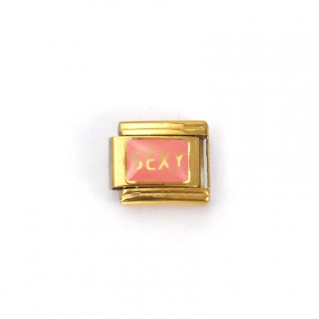 Picture of 2 PCs 304 Stainless Steel Italian Charm Links For DIY Bracelet Jewelry Making 18K Gold Plated Orange Pink Rectangle Message " sexy " 10mm x 9mm