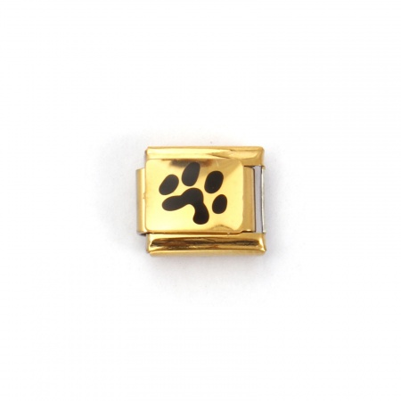 Picture of 2 PCs 304 Stainless Steel Pet Memorial Italian Charm Links For DIY Bracelet Jewelry Making 18K Gold Plated Black Rectangle Paw Print 10mm x 9mm