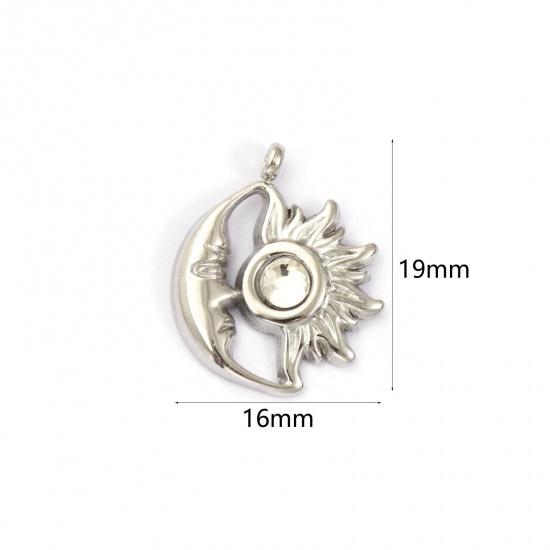 1 個 エコフレンドリー 304ステンレス鋼 4月 誕生石 チャーム シルバートーン 太陽と月 透明 ラインストーン 19mm x 16mm、 の画像
