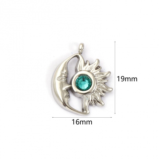 1 個 エコフレンドリー 304ステンレス鋼 5月 誕生石 チャーム シルバートーン 太陽と月 緑 ラインストーン 19mm x 16mm、 の画像