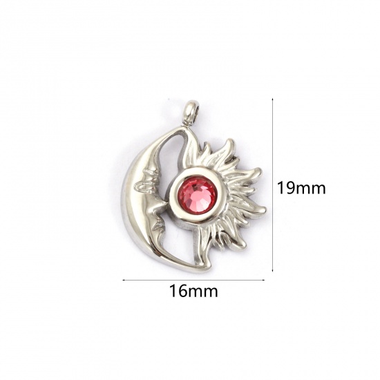 1 個 エコフレンドリー 304ステンレス鋼 7月 誕生石 チャーム シルバートーン 太陽と月 ピンク ラインストーン 19mm x 16mm、 の画像