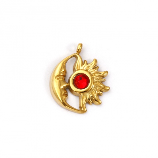 Immagine di 1 Pz Placcatura Sottovuoto PVD Ecologica 304 Acciaio Inossidabile Gennaio Pietre Nascita Ciondoli Placcato Oro 18K Sole e Luna Faccia Vino Rosso Strass 19mm x 16mm