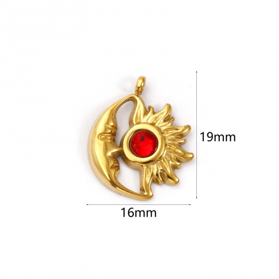 Immagine di 1 Pz Placcatura Sottovuoto PVD Ecologica 304 Acciaio Inossidabile Gennaio Pietre Nascita Ciondoli Placcato Oro 18K Sole e Luna Faccia Vino Rosso Strass 19mm x 16mm