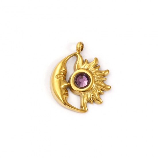 Immagine di 1 Pz Placcatura Sottovuoto PVD Ecologica 304 Acciaio Inossidabile Febbraio Pietre Nascita Ciondoli Placcato Oro 18K Sole e Luna Faccia Ametista Chiaro Strass 19mm x 16mm