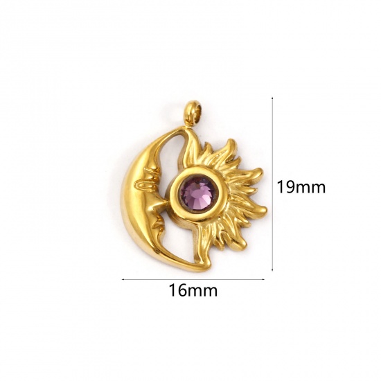 Immagine di 1 Pz Placcatura Sottovuoto PVD Ecologica 304 Acciaio Inossidabile Febbraio Pietre Nascita Ciondoli Placcato Oro 18K Sole e Luna Faccia Ametista Chiaro Strass 19mm x 16mm
