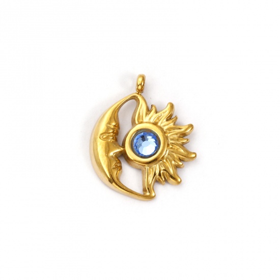 Immagine di 1 Pz Placcatura Sottovuoto PVD Ecologica 304 Acciaio Inossidabile Marzo Pietre Nascita Ciondoli Placcato Oro 18K Sole e Luna Faccia Blu acqua Strass 19mm x 16mm