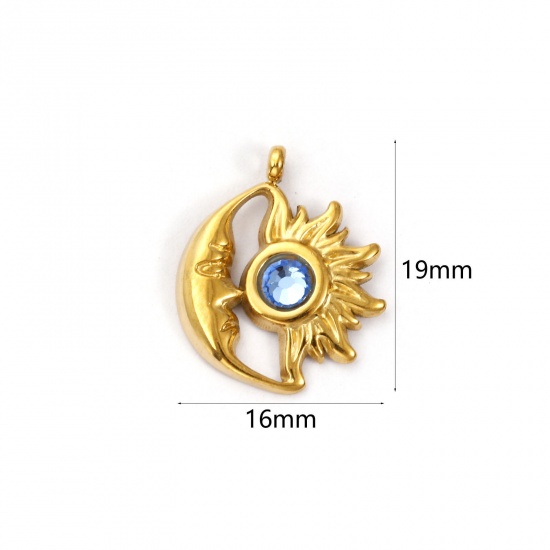 Immagine di 1 Pz Placcatura Sottovuoto PVD Ecologica 304 Acciaio Inossidabile Marzo Pietre Nascita Ciondoli Placcato Oro 18K Sole e Luna Faccia Blu acqua Strass 19mm x 16mm