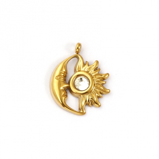 Immagine di 1 Pz Placcatura Sottovuoto PVD Ecologica 304 Acciaio Inossidabile Aprile Pietre Nascita Ciondoli Placcato Oro 18K Sole e Luna Faccia Trasparente Strass 19mm x 16mm