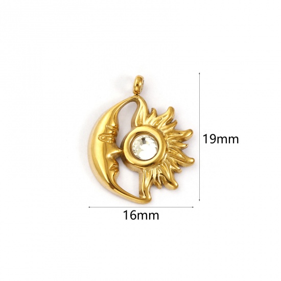 Immagine di 1 Pz Placcatura Sottovuoto PVD Ecologica 304 Acciaio Inossidabile Aprile Pietre Nascita Ciondoli Placcato Oro 18K Sole e Luna Faccia Trasparente Strass 19mm x 16mm