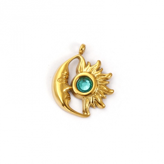 Immagine di 1 Pz Placcatura Sottovuoto PVD Ecologica 304 Acciaio Inossidabile Maggio Pietre Nascita Ciondoli Placcato Oro 18K Sole e Luna Faccia Verde Strass 19mm x 16mm