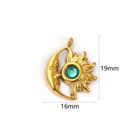 Immagine di 1 Pz Placcatura Sottovuoto PVD Ecologica 304 Acciaio Inossidabile Maggio Pietre Nascita Ciondoli Placcato Oro 18K Sole e Luna Faccia Verde Strass 19mm x 16mm