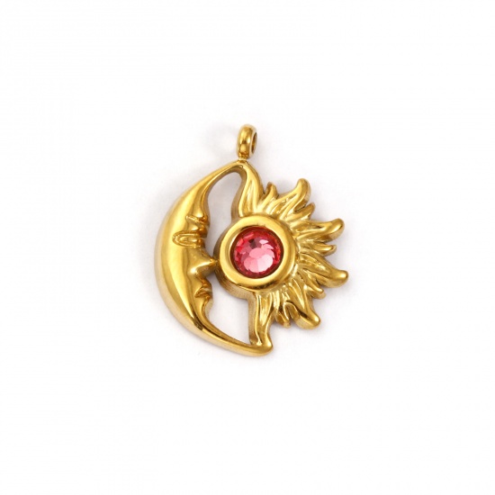 Immagine di 1 Pz Placcatura Sottovuoto PVD Ecologica 304 Acciaio Inossidabile Luglio Pietre Nascita Ciondoli Placcato Oro 18K Sole e Luna Faccia Roso Strass 19mm x 16mm