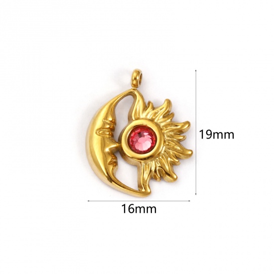 Immagine di 1 Pz Placcatura Sottovuoto PVD Ecologica 304 Acciaio Inossidabile Luglio Pietre Nascita Ciondoli Placcato Oro 18K Sole e Luna Faccia Roso Strass 19mm x 16mm
