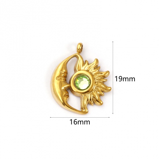 Immagine di 1 Pz Placcatura Sottovuoto PVD Ecologica 304 Acciaio Inossidabile Agosto Pietre Nascita Ciondoli Placcato Oro 18K Sole e Luna Faccia Verde Oliva Strass 19mm x 16mm