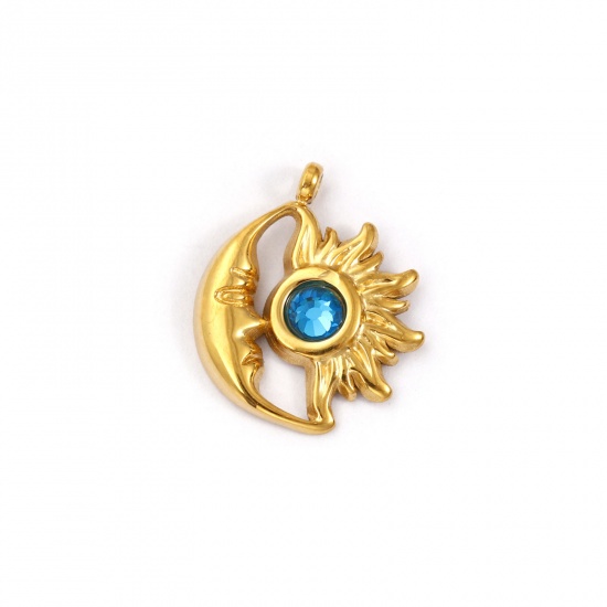 Immagine di 1 Pz Placcatura Sottovuoto PVD Ecologica 304 Acciaio Inossidabile Settembre Pietre Nascita Ciondoli Placcato Oro 18K Sole e Luna Faccia Blu Marino Strass 19mm x 16mm