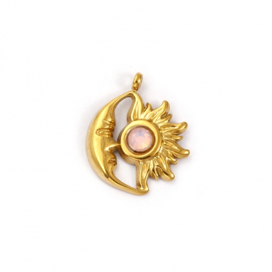 Immagine di 1 Pz Placcatura Sottovuoto PVD Ecologica 304 Acciaio Inossidabile Ottobre Pietre Nascita Ciondoli Placcato Oro 18K Sole e Luna Faccia Rosa Chiaro Strass 19mm x 16mm