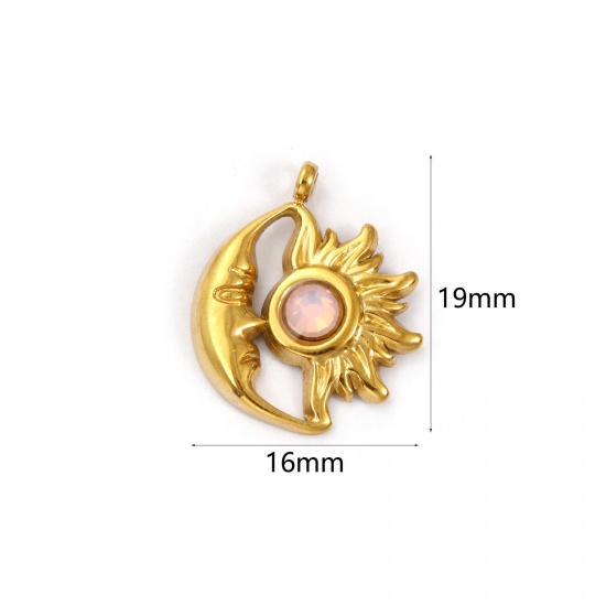 Immagine di 1 Pz Placcatura Sottovuoto PVD Ecologica 304 Acciaio Inossidabile Ottobre Pietre Nascita Ciondoli Placcato Oro 18K Sole e Luna Faccia Rosa Chiaro Strass 19mm x 16mm