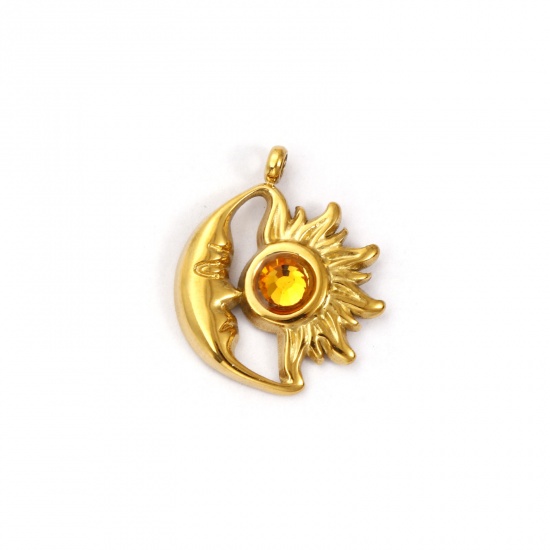 Immagine di 1 Pz Placcatura Sottovuoto PVD Ecologica 304 Acciaio Inossidabile Novembre Pietre Nascita Ciondoli Placcato Oro 18K Sole e Luna Faccia Lt.Col.Topazio Strass 19mm x 16mm