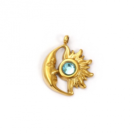 Immagine di 1 Pz Placcatura Sottovuoto PVD Ecologica 304 Acciaio Inossidabile Dicembre Pietre Nascita Ciondoli Placcato Oro 18K Sole e Luna Faccia Zaffiro Chiaro Strass 19mm x 16mm
