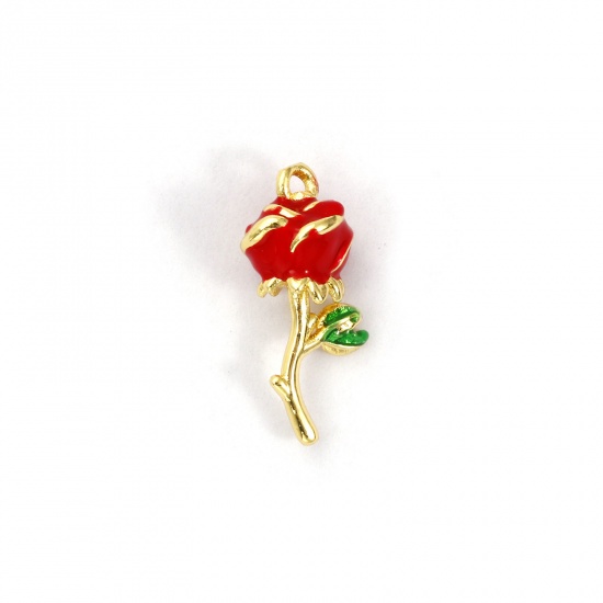 Picture of 1 Piece Brass Charms 18K Gold Plated Red Enamel Rose Flower 3D 18mm x 8mm