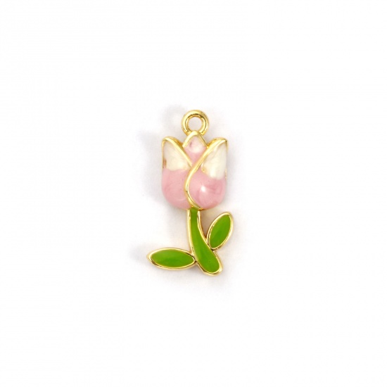 Picture of 1 Piece Brass Charms 18K Gold Plated Pink Enamel Tulip Flower 18mm x 9mm