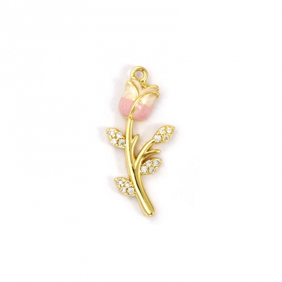 Picture of 1 Piece Brass Charms 18K Gold Plated Pink Enamel Tulip Flower Micro Pave Clear Cubic Zirconia 26mm x 12mm