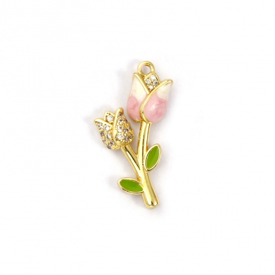 Picture of 1 Piece Brass Charms 18K Gold Plated Pink Enamel Tulip Flower Micro Pave Clear Cubic Zirconia 26mm x 13mm