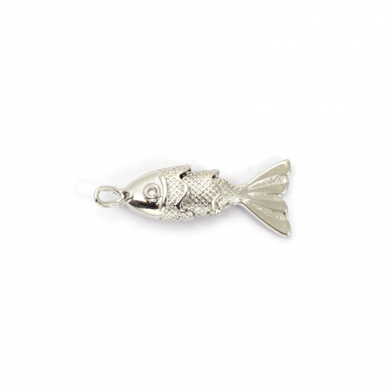 Picture of 1 Piece Eco-friendly Brass Ocean Jewelry Charms Real Platinum Plated Fish Animal 3D Movable Clear Cubic Zirconia 23mm x 9mm