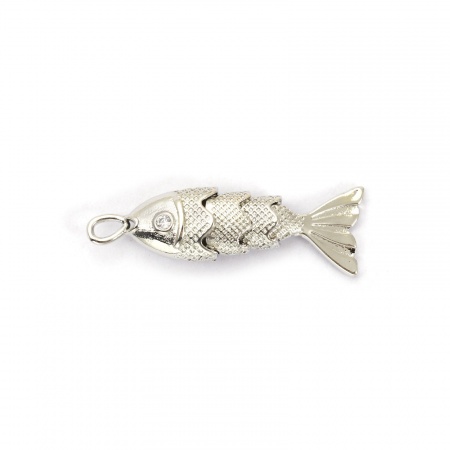 Picture of 1 Piece Eco-friendly Brass Ocean Jewelry Charms Real Platinum Plated Fish Animal 3D Movable Clear Cubic Zirconia 28mm x 9mm