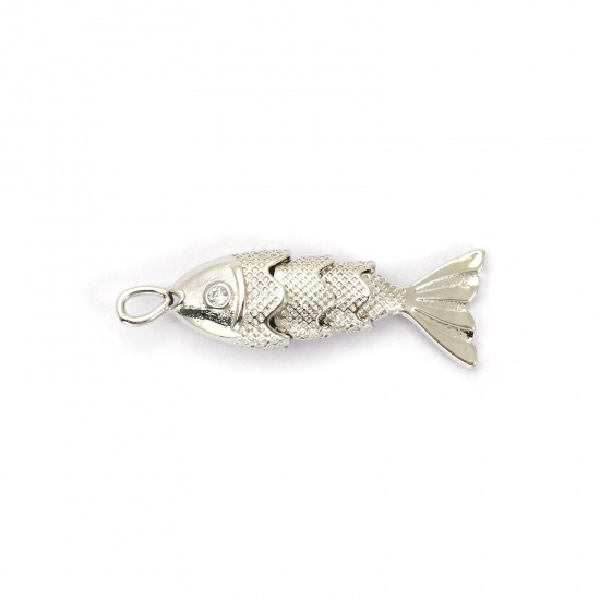 Picture of 1 Piece Eco-friendly Brass Ocean Jewelry Charms Real Platinum Plated Fish Animal 3D Movable Clear Cubic Zirconia 28mm x 9mm