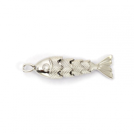 Picture of 1 Piece Eco-friendly Brass Ocean Jewelry Pendants Real Platinum Plated Fish Animal 3D Movable Clear Cubic Zirconia 33mm x 9mm