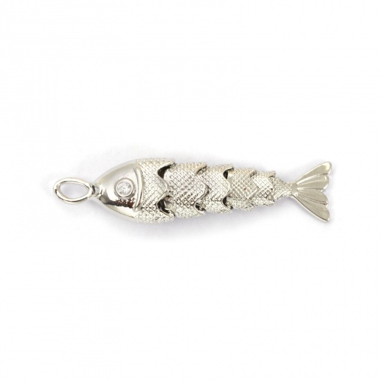 Picture of 1 Piece Eco-friendly Brass Ocean Jewelry Pendants Real Platinum Plated Fish Animal 3D Movable Clear Cubic Zirconia 40mm x 9mm