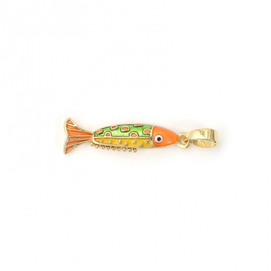 Immagine di 2 PCs Eco-friendly Brass Ocean Jewelry Charm Pendant 18K Real Gold Plated Multicolor Enamel Fish Animal 27mm x 6.5mm