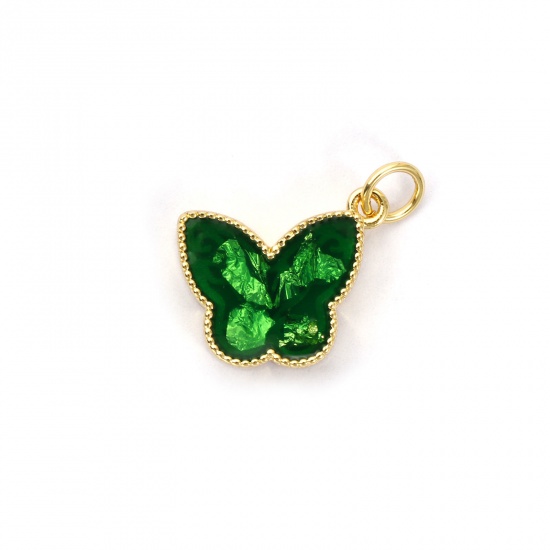 Bild von 1 Piece Eco-friendly Brass Charms 18K Real Gold Plated Green Enamel Butterfly Animal Foil 17mm x 16mm