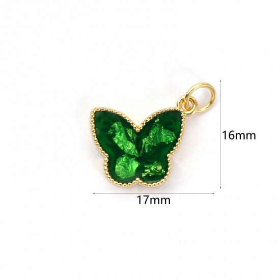 Bild von 1 Piece Eco-friendly Brass Charms 18K Real Gold Plated Green Enamel Butterfly Animal Foil 17mm x 16mm