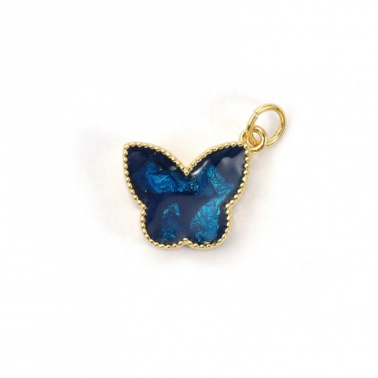 Bild von 1 Piece Eco-friendly Brass Charms 18K Real Gold Plated Dark Blue Enamel Butterfly Animal Foil 17mm x 16mm