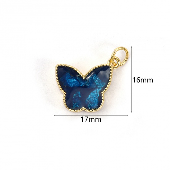 Bild von 1 Piece Eco-friendly Brass Charms 18K Real Gold Plated Dark Blue Enamel Butterfly Animal Foil 17mm x 16mm