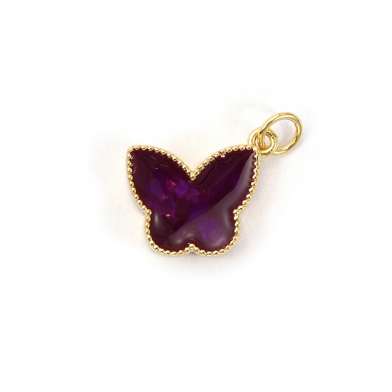 Bild von 1 Piece Eco-friendly Brass Charms 18K Real Gold Plated Purple Enamel Butterfly Animal Foil 17mm x 16mm