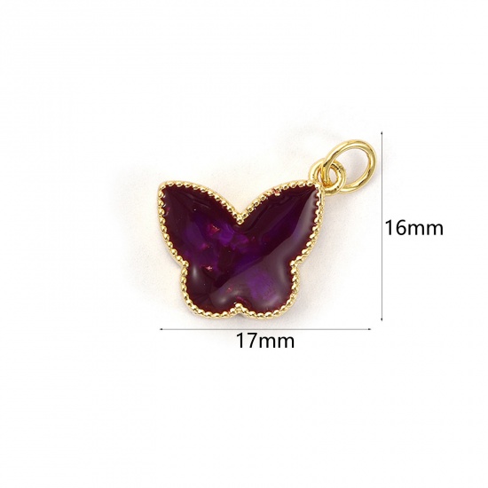 Bild von 1 Piece Eco-friendly Brass Charms 18K Real Gold Plated Purple Enamel Butterfly Animal Foil 17mm x 16mm