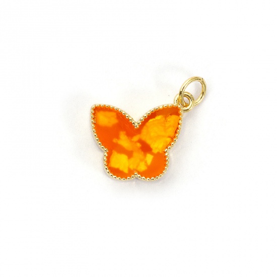 Bild von 1 Piece Eco-friendly Brass Charms 18K Real Gold Plated Orange Enamel Butterfly Animal Foil 17mm x 16mm