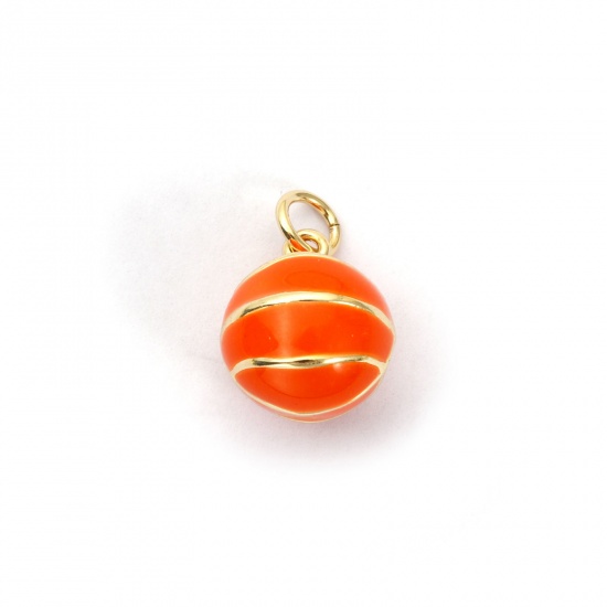 Picture of 2 PCs Eco-friendly Brass Sport Charms 18K Real Gold Plated Orange Enamel Basketball 3D 16mm x 11mm