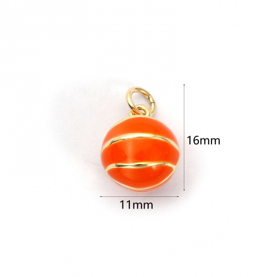 Picture of 2 PCs Eco-friendly Brass Sport Charms 18K Real Gold Plated Orange Enamel Basketball 3D 16mm x 11mm