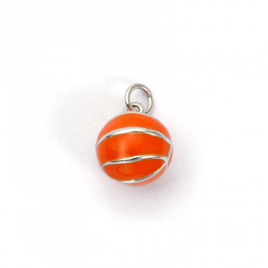 Picture of 2 PCs Eco-friendly Brass Sport Charms Real Platinum Plated Orange Enamel Basketball 3D 16mm x 11mm