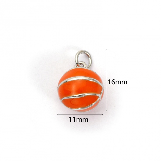 Picture of 2 PCs Eco-friendly Brass Sport Charms Real Platinum Plated Orange Enamel Basketball 3D 16mm x 11mm