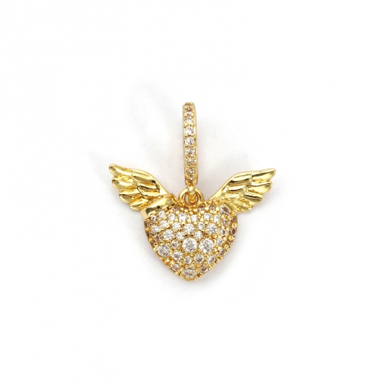 Bild von 1 Stück Umweltfreundlich Messing Valentinstag Charms 18K Echtgold plattiert Herz Flügel Micro Pave Klar Kubischer Zirkon 21mm x 20mm