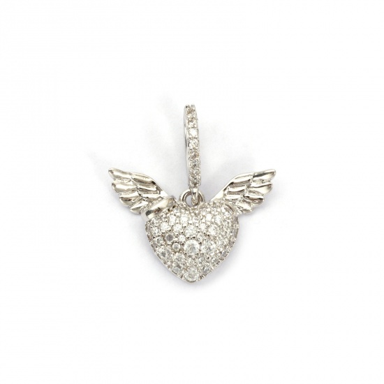 Bild von 1 Stück Umweltfreundlich Messing Valentinstag Charms Echt Platin plattiert Herz Flügel Micro Pave Klar Kubischer Zirkon 21mm x 20mm